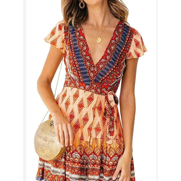 Zesica Women's Bohemian Colorful Wrap Dress V-Neck Short Sleeve Medium - Picture 1 of 13